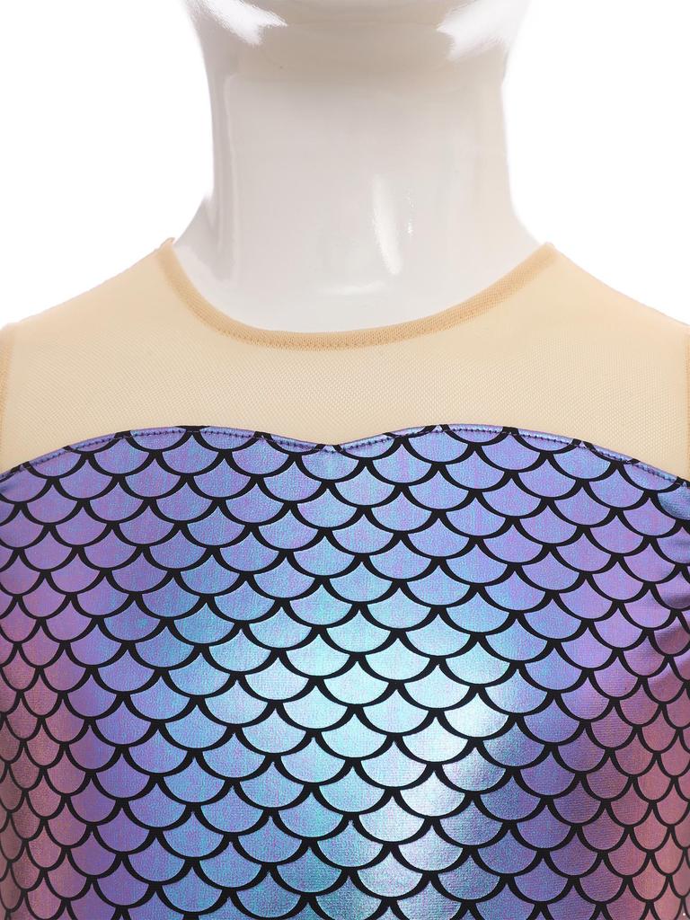 Girls Mermaid Cosplay Costume Sleeveless Flared Jumpsuit Fish Scales Design Halloween Party Outfit