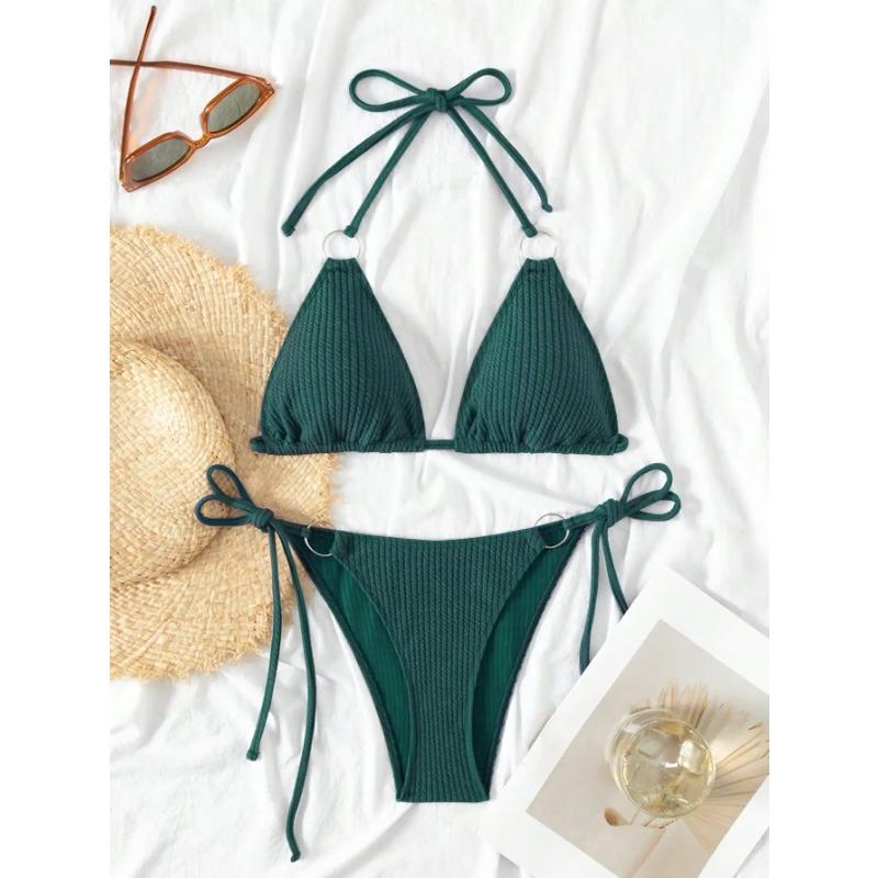 Summer Dark Green Mature Camisole Bikini Set for Swimming and Beach Photo Shoot for Women
