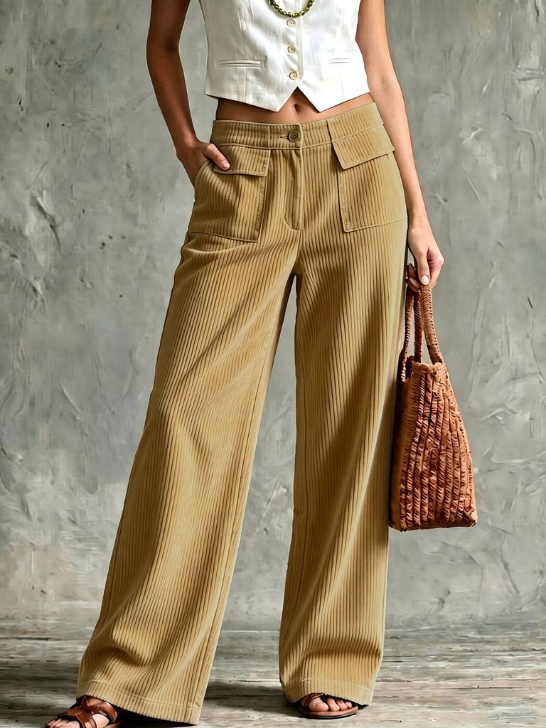 Autumn and winter retro corduroy wide-leg pants women's trousers high waist double pockets straight casual pants