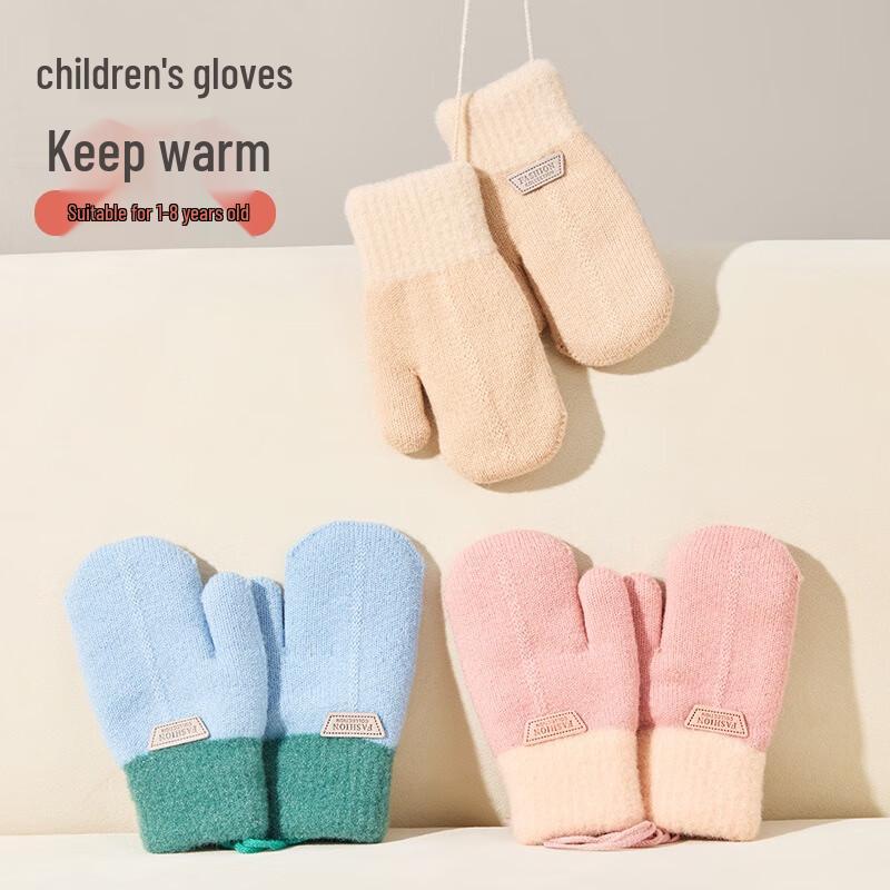 Children's Winter Warm Cashmere-Lined Knitted Mittens with Neck Strap