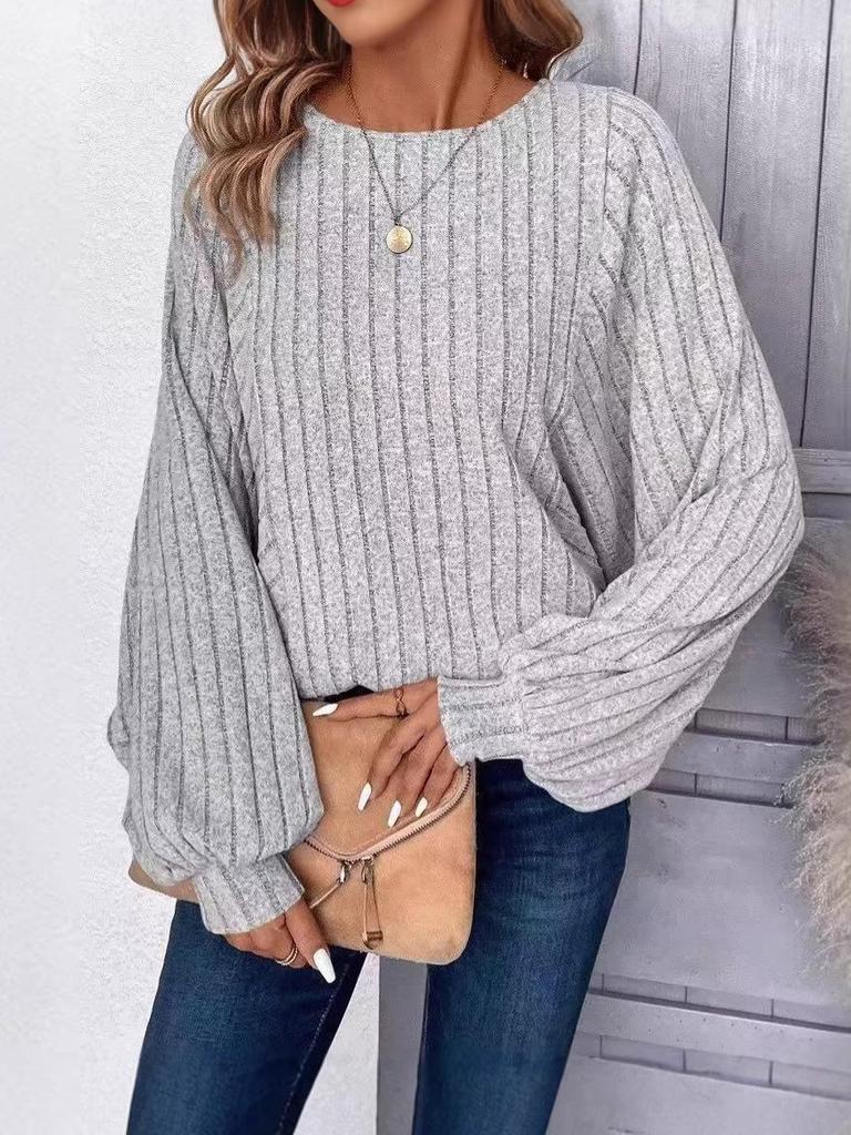 2025 Women's Chic Ribbed Lantern Sleeve Top - Comfortable Casual Solid Color for Autumn/Winter