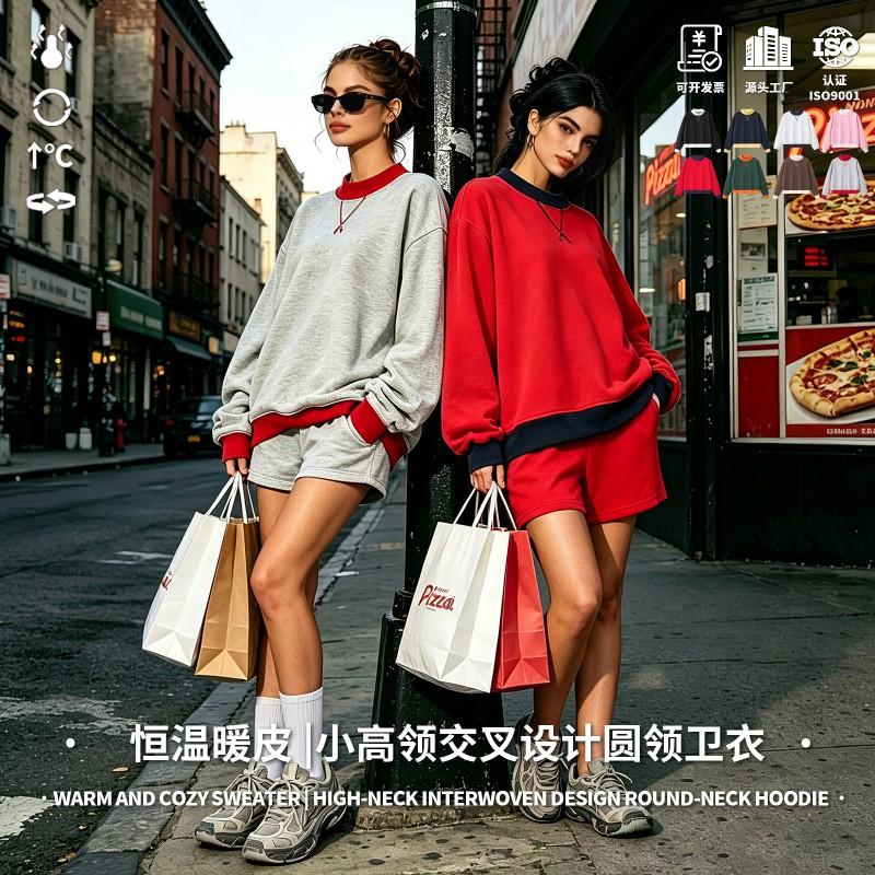 RS Womens 350G Fleece Color Block Mock Neck Sweatshirt Warm Fall American Style Casual Top