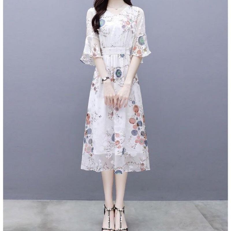 

Women s Elegant Floral Chiffon Dress with Bell Sleeves - 2023 Spring/Summer Collection 2XL