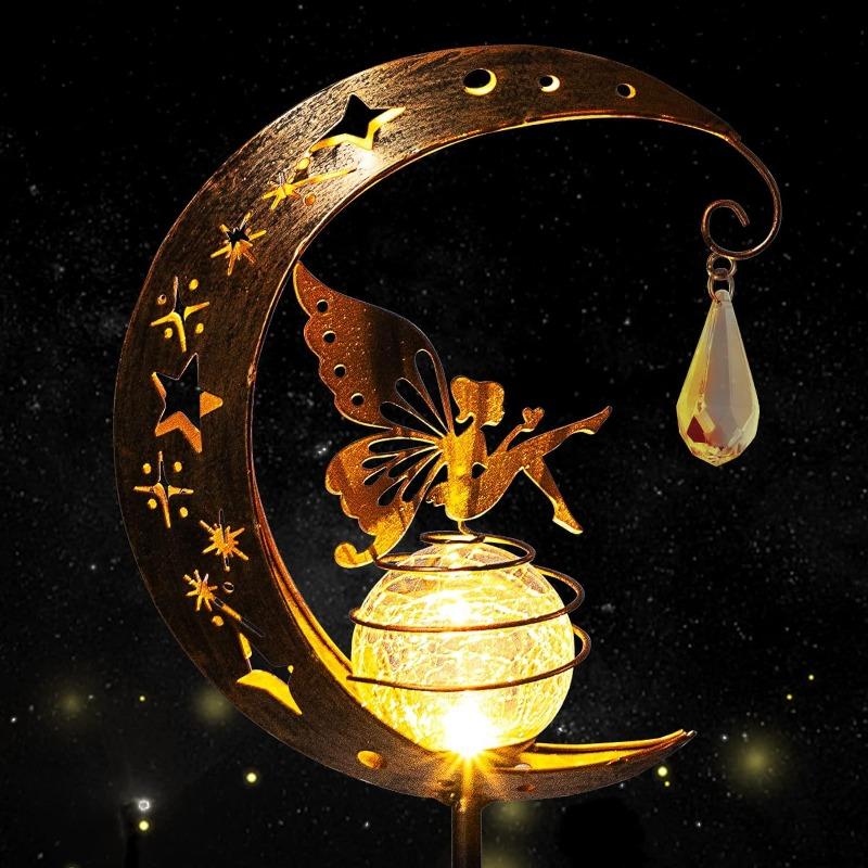 Solar Powered Garden Statues Outdoor Decor Fairy Moon Figurine LED Light Stake Ornament for Patio Lawn Yard Pathway Sweet Gift