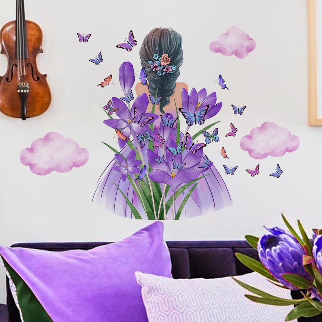 Mädchen Schmetterling Blume Wolken Selbstklebende Wandaufkleber für Zimmer Dekoration Schlafzimmer Aufkleber