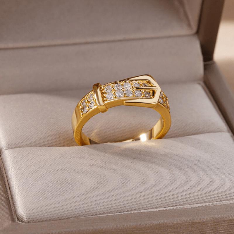 Chic Gold Color Buckle Shaped Ring With Sparkling Zircon Fashion Trendy Adjustable Ring Women's Gatherings Jewelry