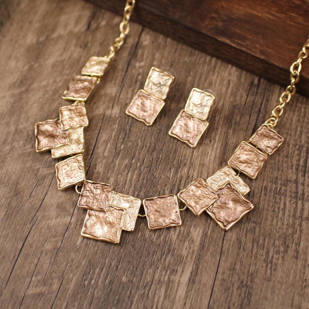 Colored Oil Geometric Square Earring Necklace Set