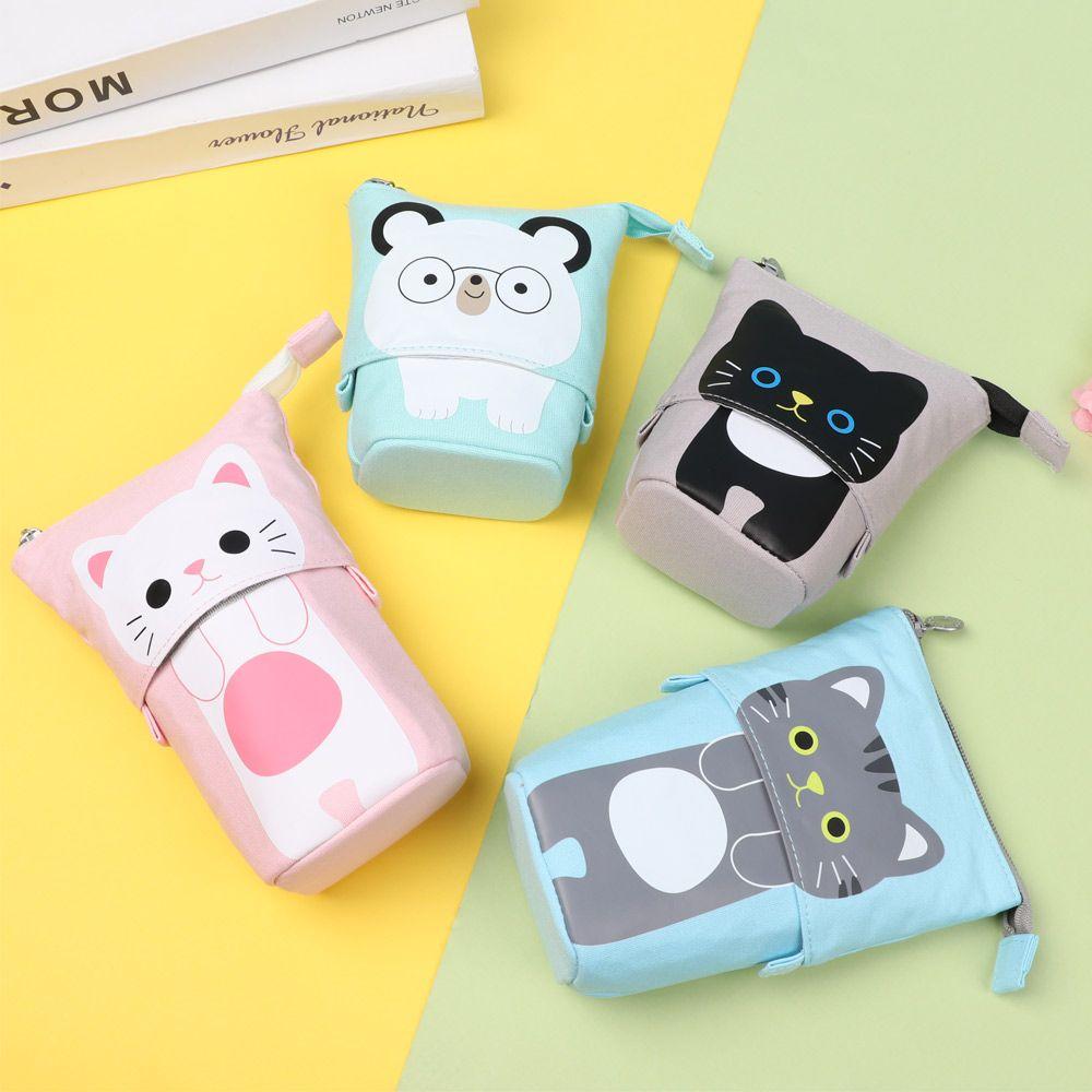 School Supplies Large Capacity Makeup Pouch Cat Pencil Case Flexible Pen Bag Zipper Storage Box