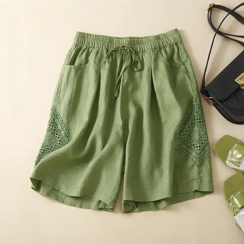Women's Green Linen Shorts Elastic Waist Drawstring Lace Patchwork Casual Loose Fit Summer Shorts
