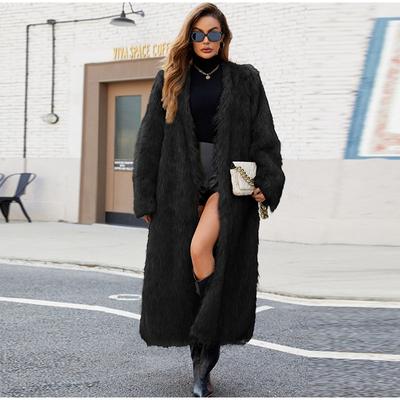 Women Faux Fur Coats Full Sleeve Open Stitch Long Jackets V Neck Splice Thick Coat Elegant Lady Autumn Winter Outerwear