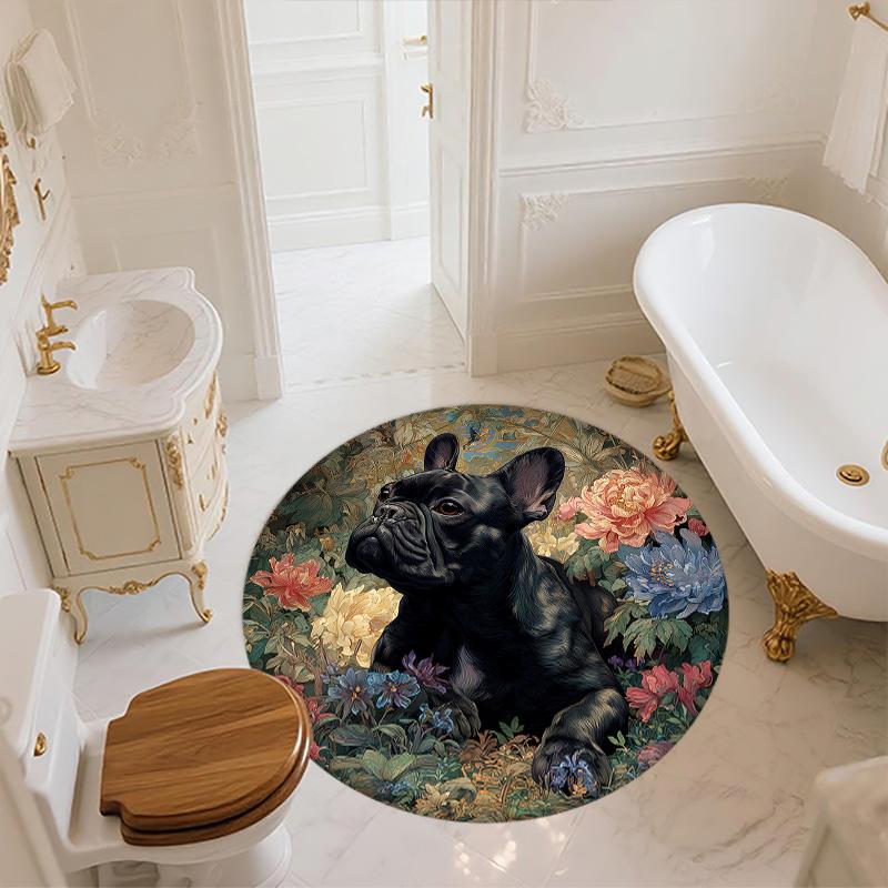 Floral Cat and Dog  Round Area Rug,Carpet Rug for Living Room Bedroom Sofa Playroom Decor,Non-slip Floor Mat