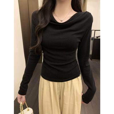 Korean Style Slim-Fit One-Shoulder Long-Sleeved T-Shirt for Women - Elegant Flowing Collar, Perfect for Spring and Autumn