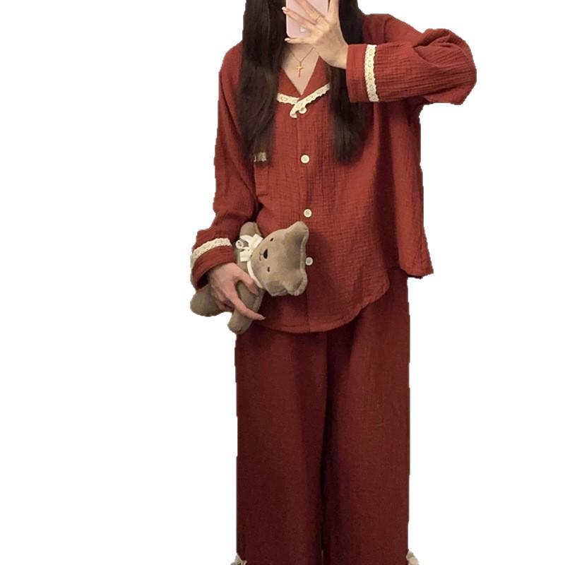 Korean Style Lace Trim Sweet Women's Lapel Pajamas - Casual & Comfortable Home Wear
