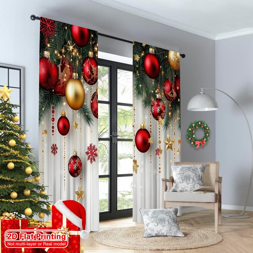 2D Flat Printing 2pcs Merry Christmas Party Curtains Red and Gold Ball Pine Branch Snowflake Versatile 100% Polyester Without