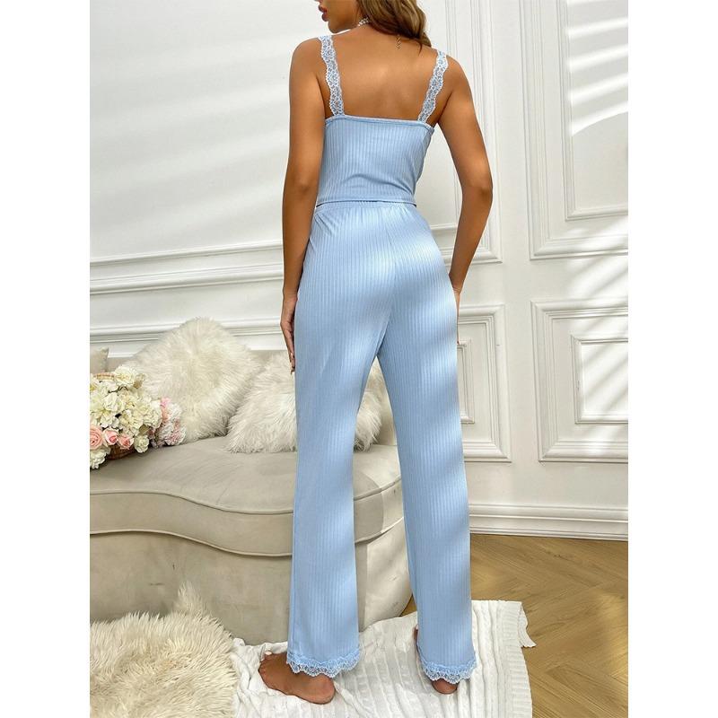 2-teiliges/Set Übergröße Damen Pyjama Studenten Homewear Spitze Camisole Weste Lange Hose Kurzarm Einfarbig Kann Draußen getragen werden