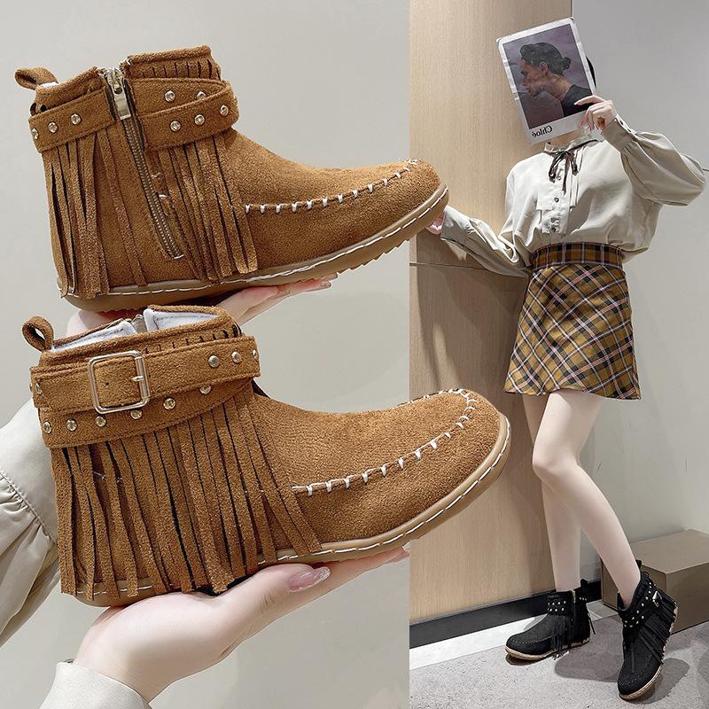 Women's Wide Width Fringe Ankle Boots, Round Toe Flat Sole Martin Boots, European Style Fashion Booties for Women