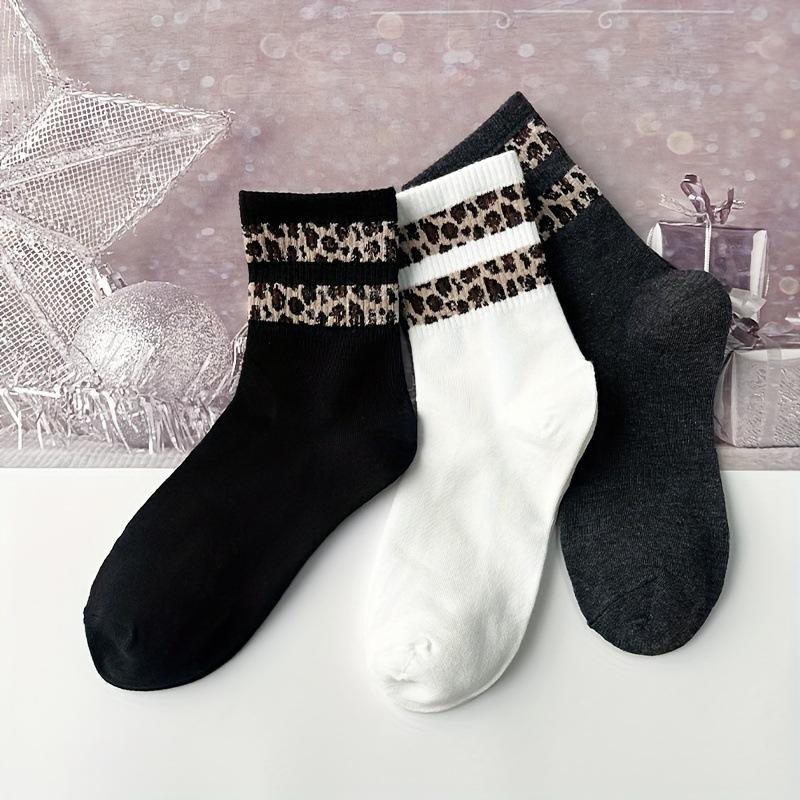 3 par damstrumpor för höst- och vintermode, trendiga randiga leopardmönstrade söta kärleksfulla tubstrumpor