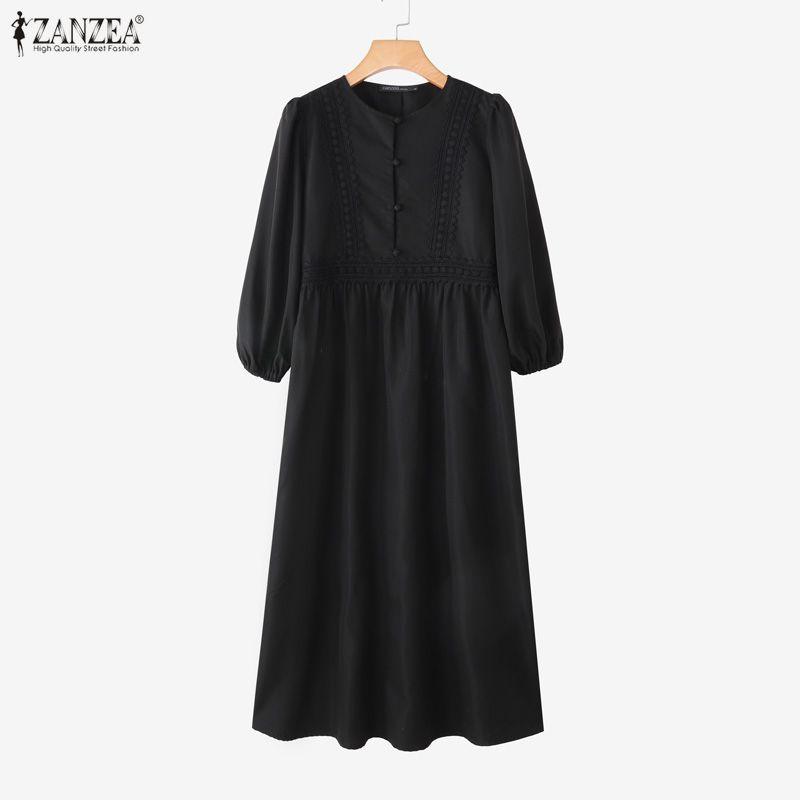 ZANZEA Abito Musulmano Casual da Donna con Scollo Rotondo, Manica Lunga Larga
