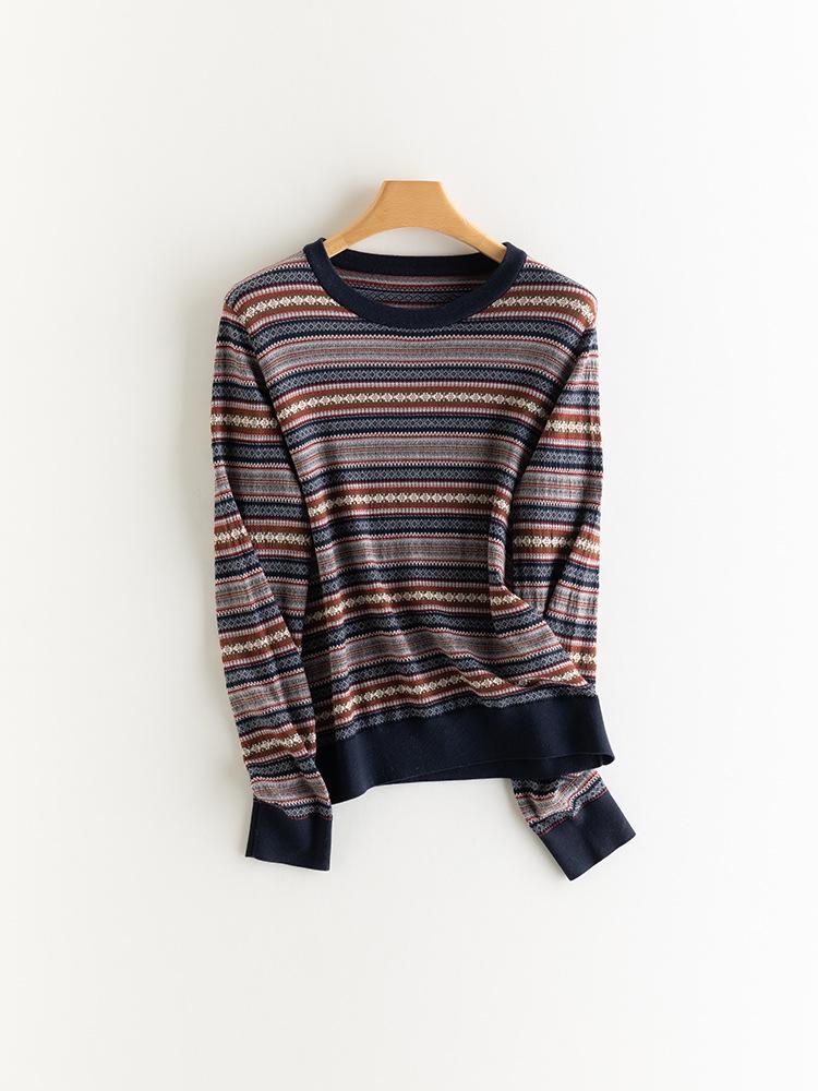 Women's Elegant Fine-spun Wool Striped Fair Isle Jacquard Sweater for Spring/Autumn 2026