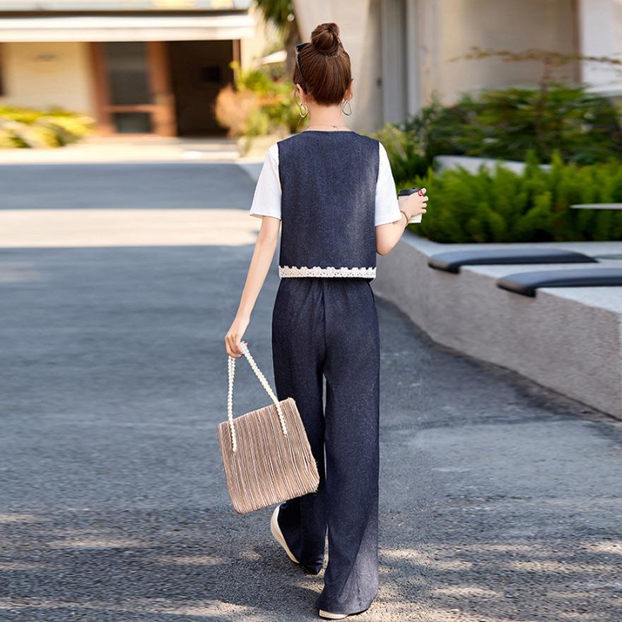 Fashion lace splicing denim vest suit women's summer new age-reducing wide-leg pants three-piece set