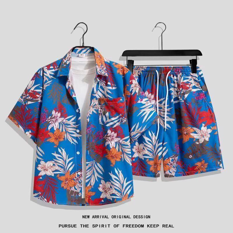 Men's Seaside Floral Hawaiian Shirt & Beach Shorts Set - Cool, Loose Fit for Summer