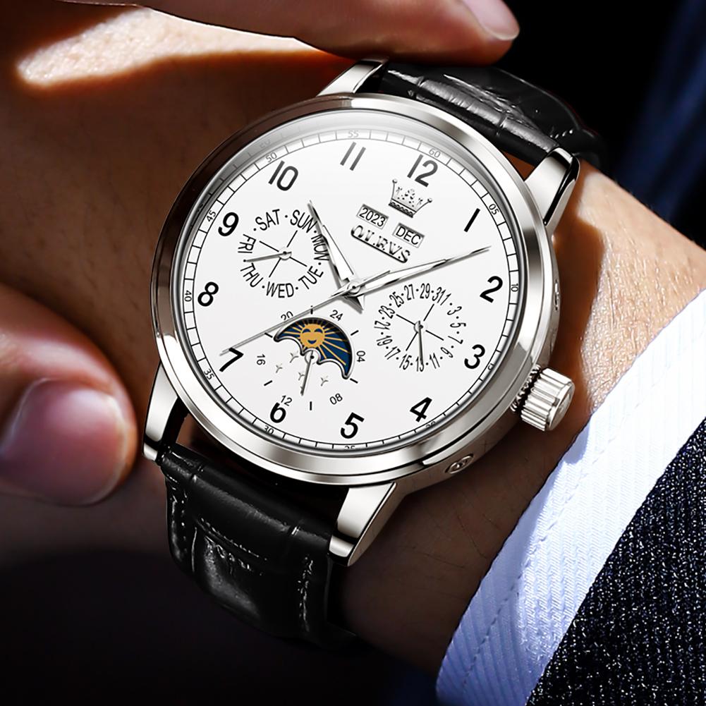 OLEVS 6698 Leder Arabische Ziffern OEM-Logo Multifunktional Mondphase Automatische Mechanische Uhr für Herren