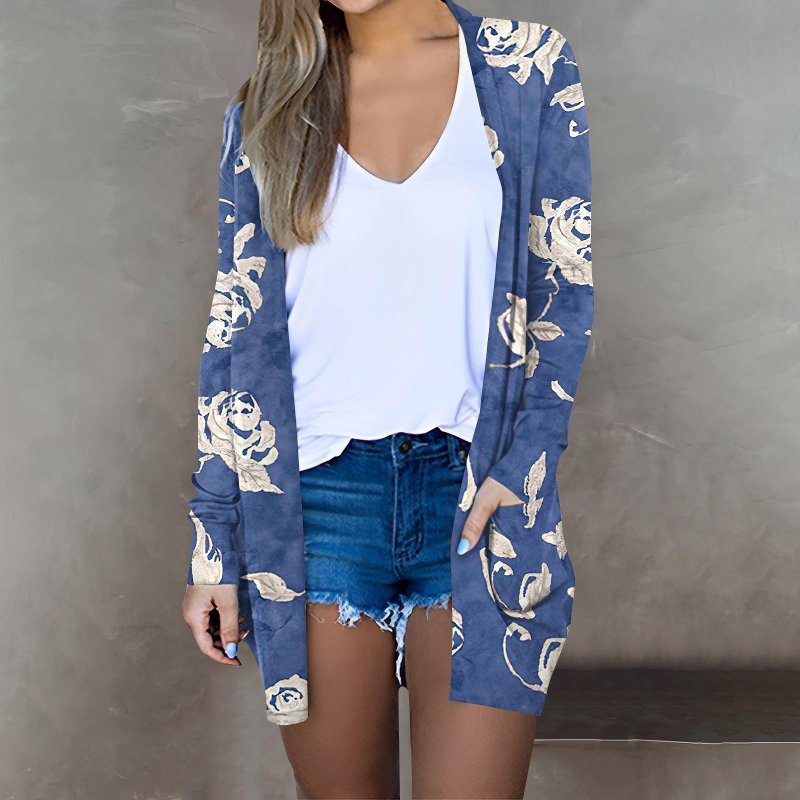 

Жіноча модна повсякденна куртка з довгим рукавом і міді з квітковим принтом XXL Темно-синій