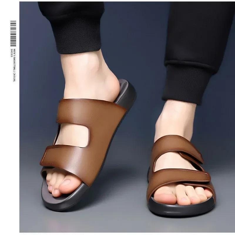 Summer Fashion Leather Slippers for Men Outdoor Beach Men's Sandals Designer New Hollow Soft Soled Slip-on Flip Flops Shoes Male
