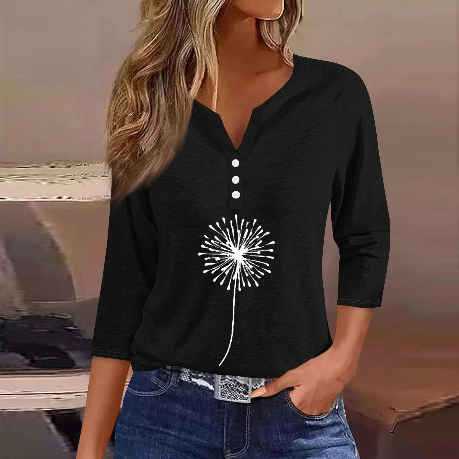 

Жен. Футболка Футболка С принтом Пуговицы Рукав 3/4Ежедневно Выходные Мода Классический Топ с v-образным вырезом Обычный S чёрный