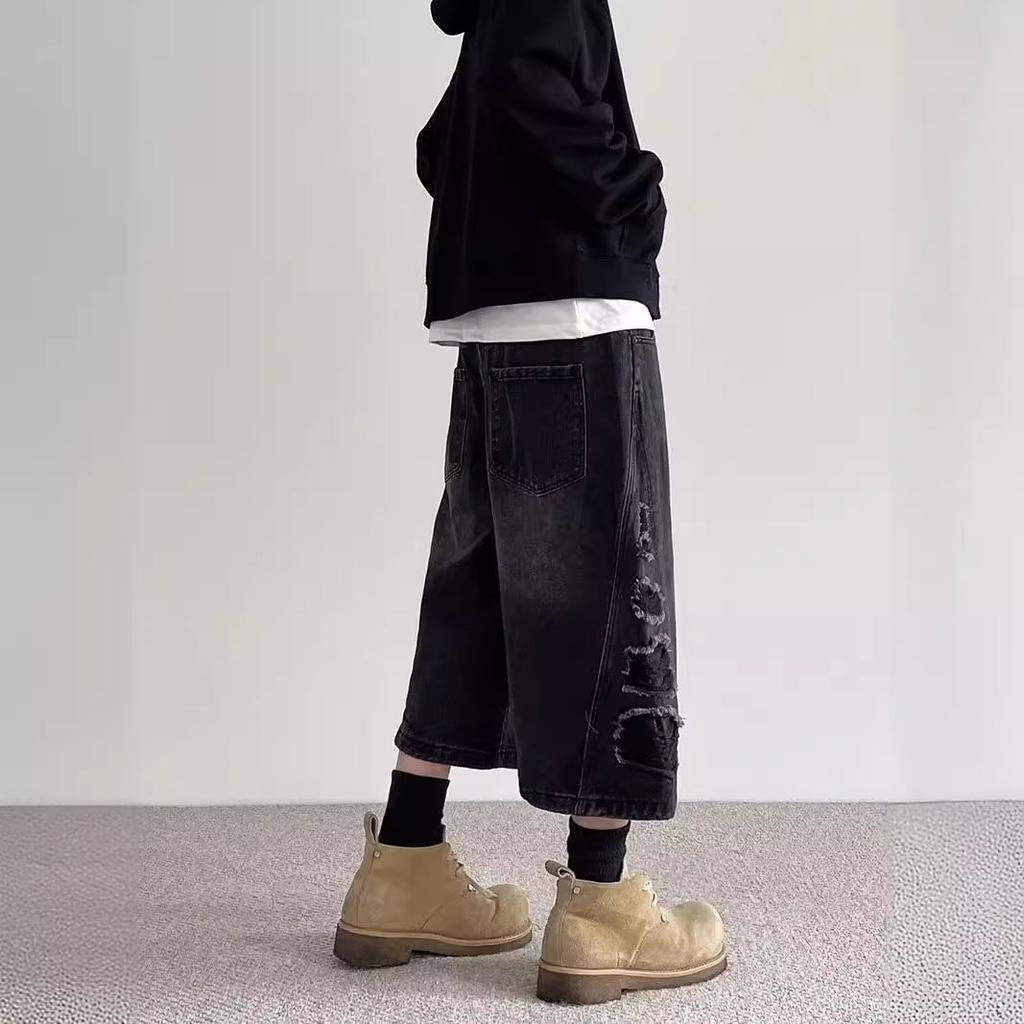 Heavy Washed Old Retro Denim Shorts Men and Women Loose American Retro Cut Wide Leg Straight Cropped Pants Tide