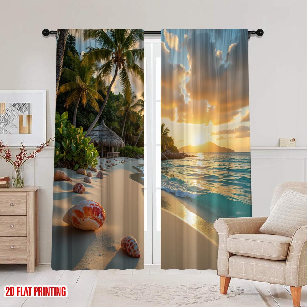 2D flat printing 2pcs Scene Curtains Tropical Island Cottage Scenery Versatile 100% Polyester  Without Electricity Festive