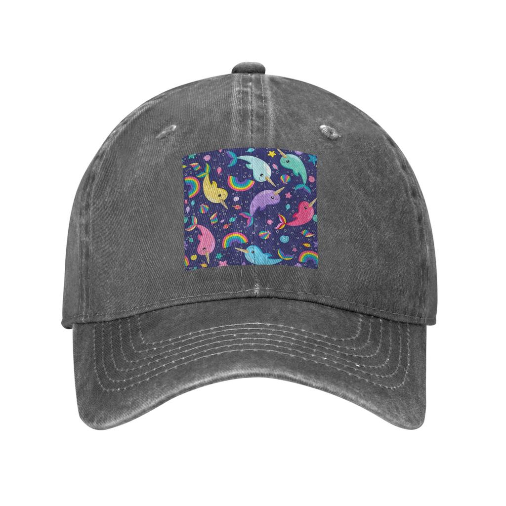 Rainbow Narwhals Under the Sea Blue Washed Denim Cap Casual Baseball Caps Adjustable Hat Summer Unisex Baseball Hats