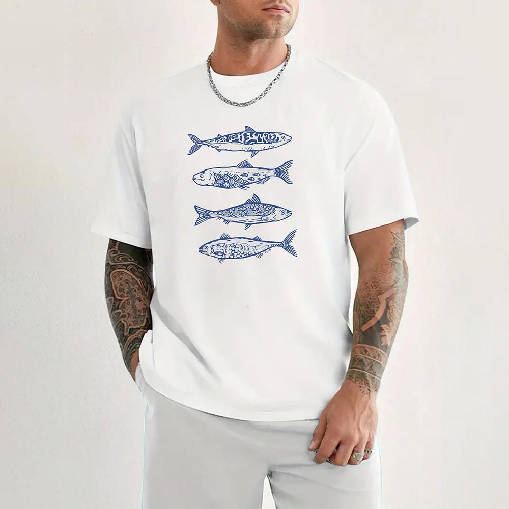 

2026 New Fish Pattern Print High Quality 100 Cotton Tshirt with Round Neck Summer Trend Short Sleeves Street Hip Hop Top S
