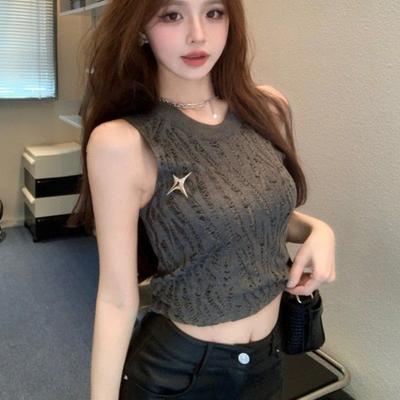 American Retro Cool & Hot Style Ripped Sleeveless Tank Top Women's Summer Short Outerwear Slim High-Waist Crop Hot Girl Top