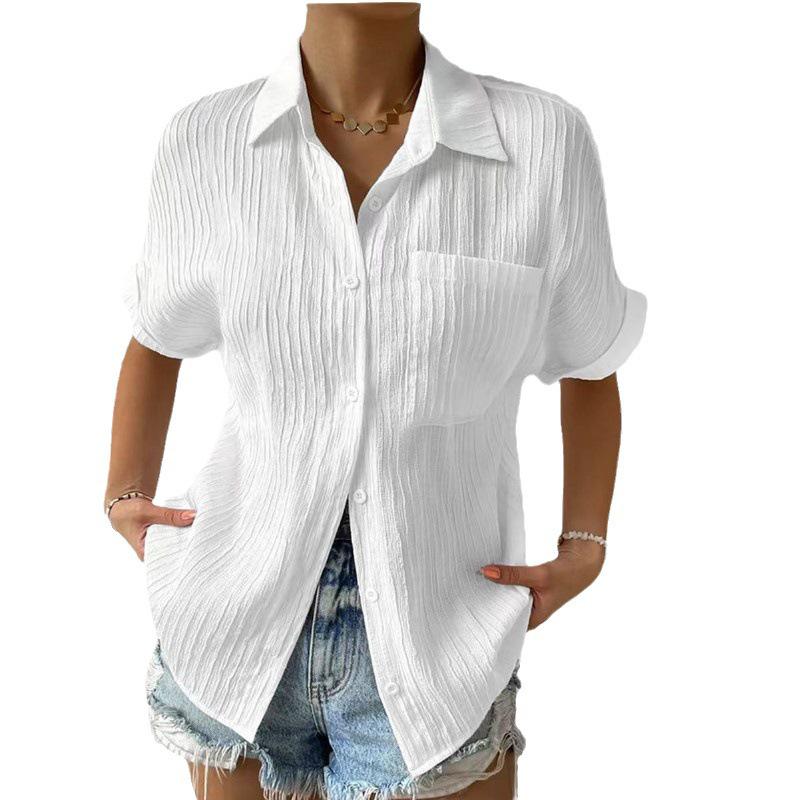 Women's Casual Raglan Sleeve Lapel Shirt with Spliced Pocket - Solid Color, Short Sleeves, 2025 Collection.