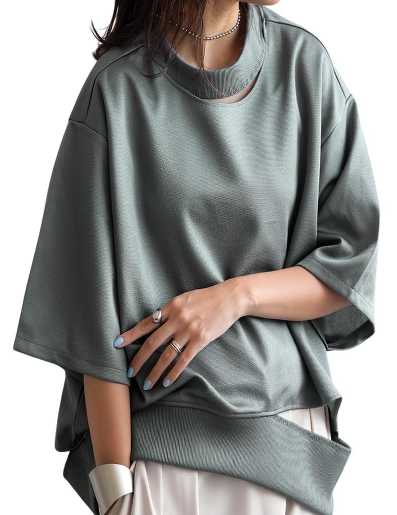 antiqua Asymmetric Neck Dry One Size Gray Women's Top, 3/4 Sleeves, Touch, KYO-0027, 15,