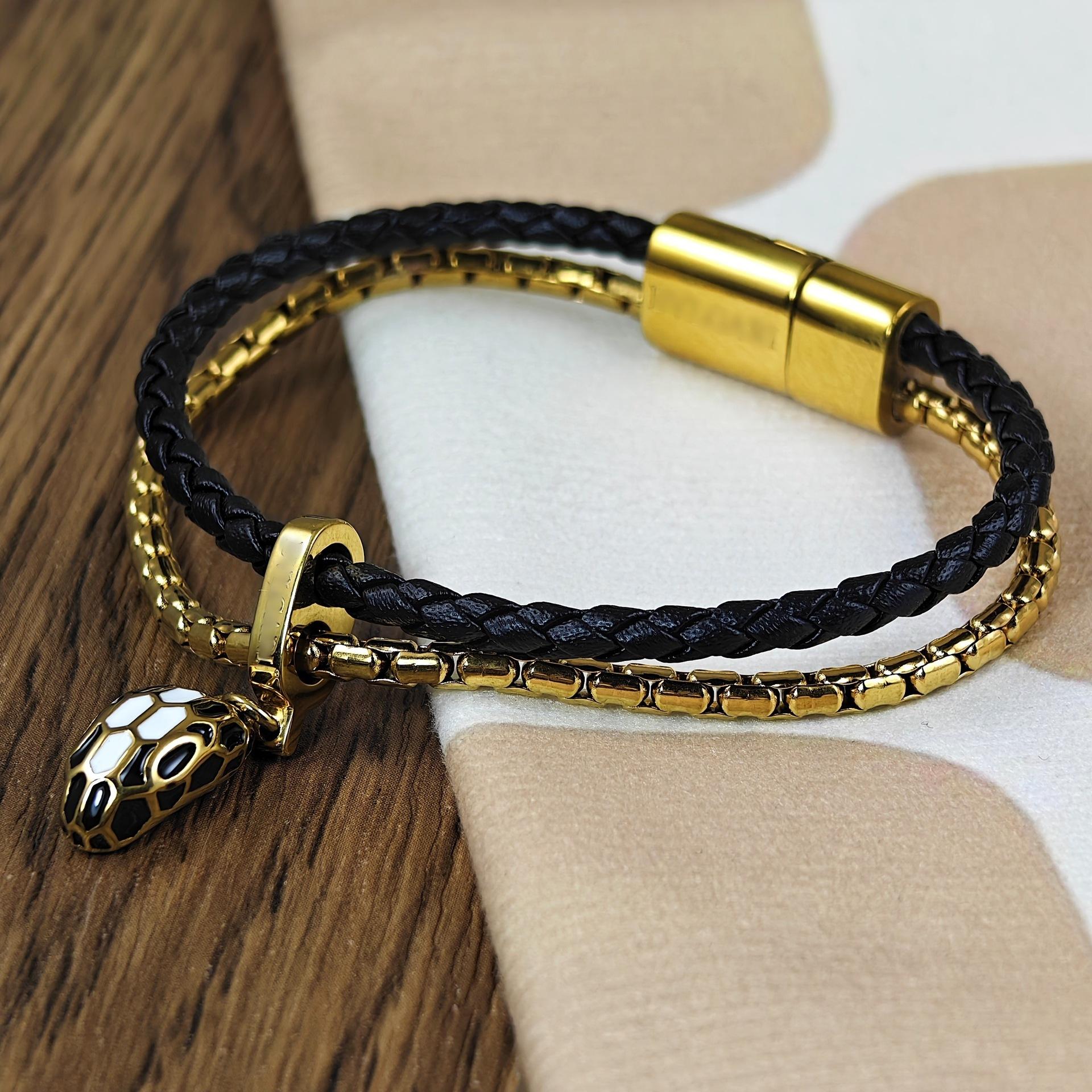 

2026 Classic Snakehead Calf Leather Braided Leather Rope Double Bracelet, Snakehead Male and Female Couples Premium Sense 19CM чорний