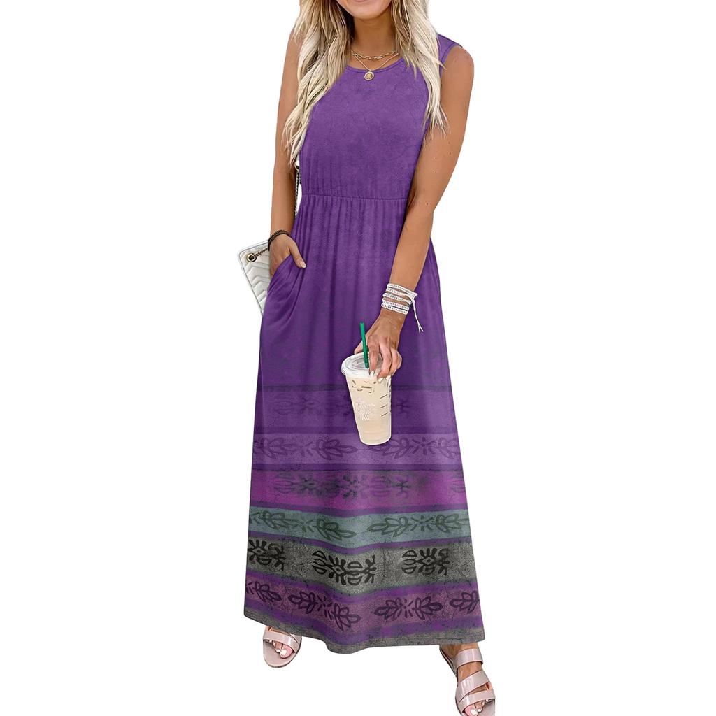 Ladies' Floral Print Casual And Fashionable Waist Cinched Sleeveless Dress