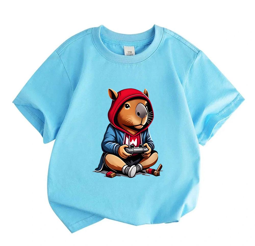 Kids Boys Girls 100% Cotton Crew Neck Short Sleeve T-Shirt, Funny Capybara Gamer Pattern Casual Soft Breathable Tee For Game Lovers Children Daily Wea
