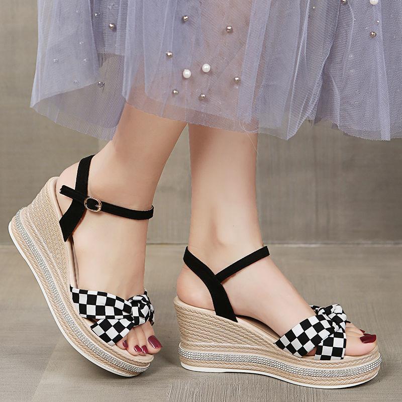 Sandały na koturnie Damskie Letnie Wysokie Obcasy Peep-toe Krata Moda Jedno Słowo Pasek z Klamrą Wodoodporna Platforma Buty Damskie