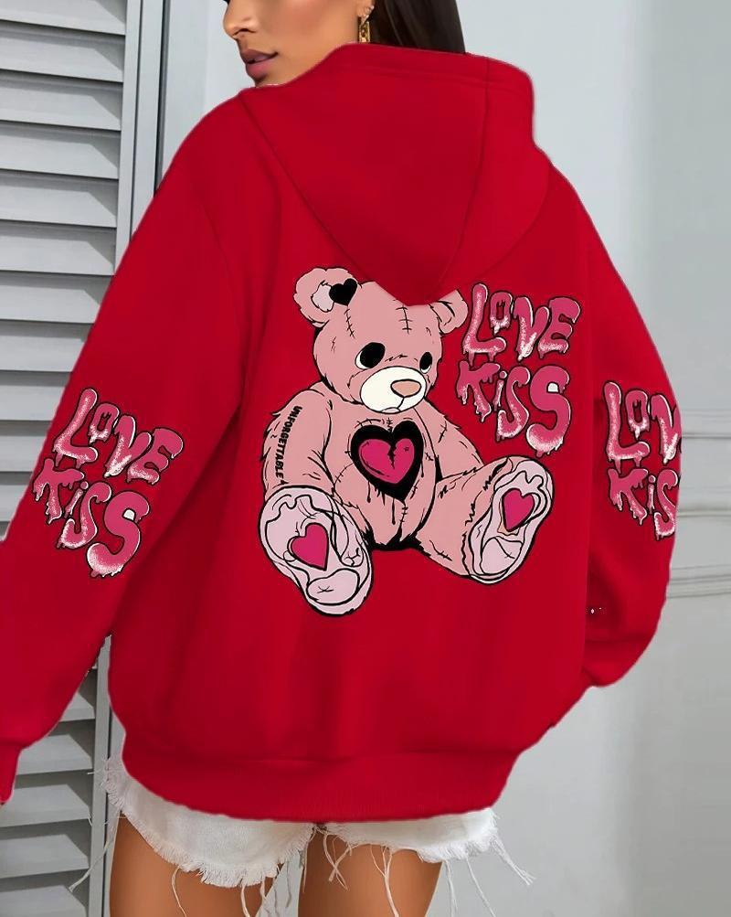 Women's Pink Love Kiss Letter Print Hoodie - Autumn Casual Loose Fit Fleece Pullover with Pocket.
