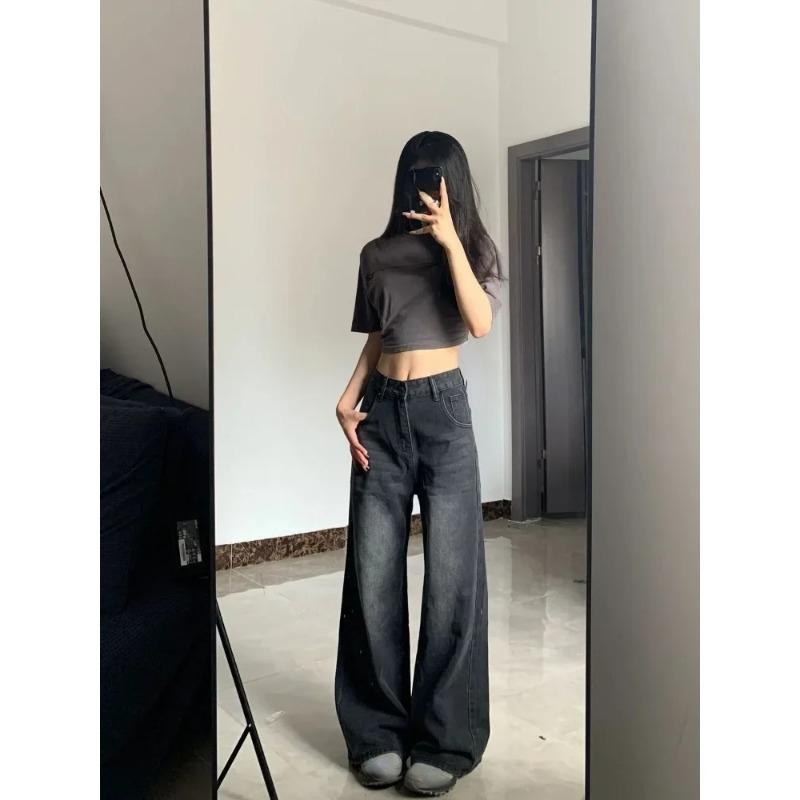 Vaqueros negros Vintage de cintura alta para mujer, ropa de calle Grunge Y2k de los años 90, pantalones vaqueros rectos lavados informales de moda coreana