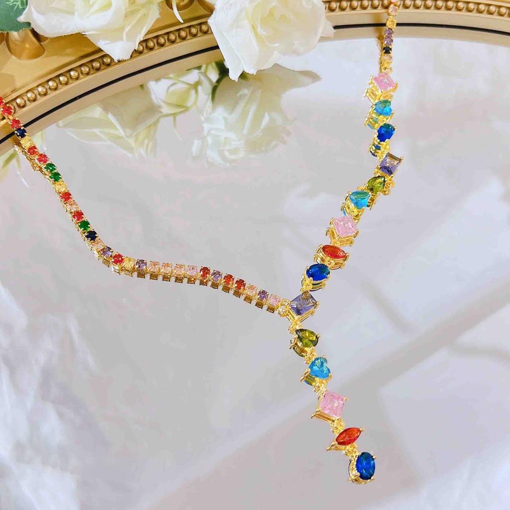 Star Full Colored Candy Bracelet Female, Luxury High-End Splicing Y-Shaped Neck Chain, Thin Colored Gem Necklace