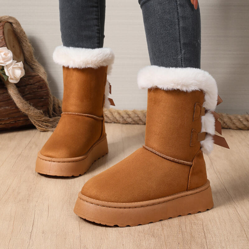 Fashion Women's Fluffy Fur Snow Boots 2025 Winter Soft Thick Bottom Furry Ankle Boots Sweet Ribbon Bowknot Designer Shoes Plus Size 42