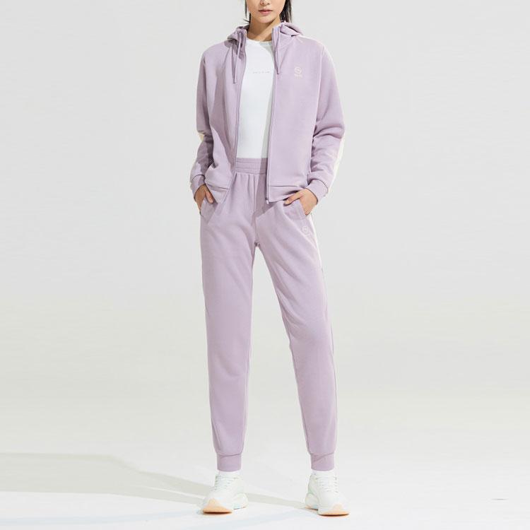 Anta Color Block Hooded Zip-Up Top And Elastic Waist Cuffed Pants Casual Set Women sets Purple 962317707-4