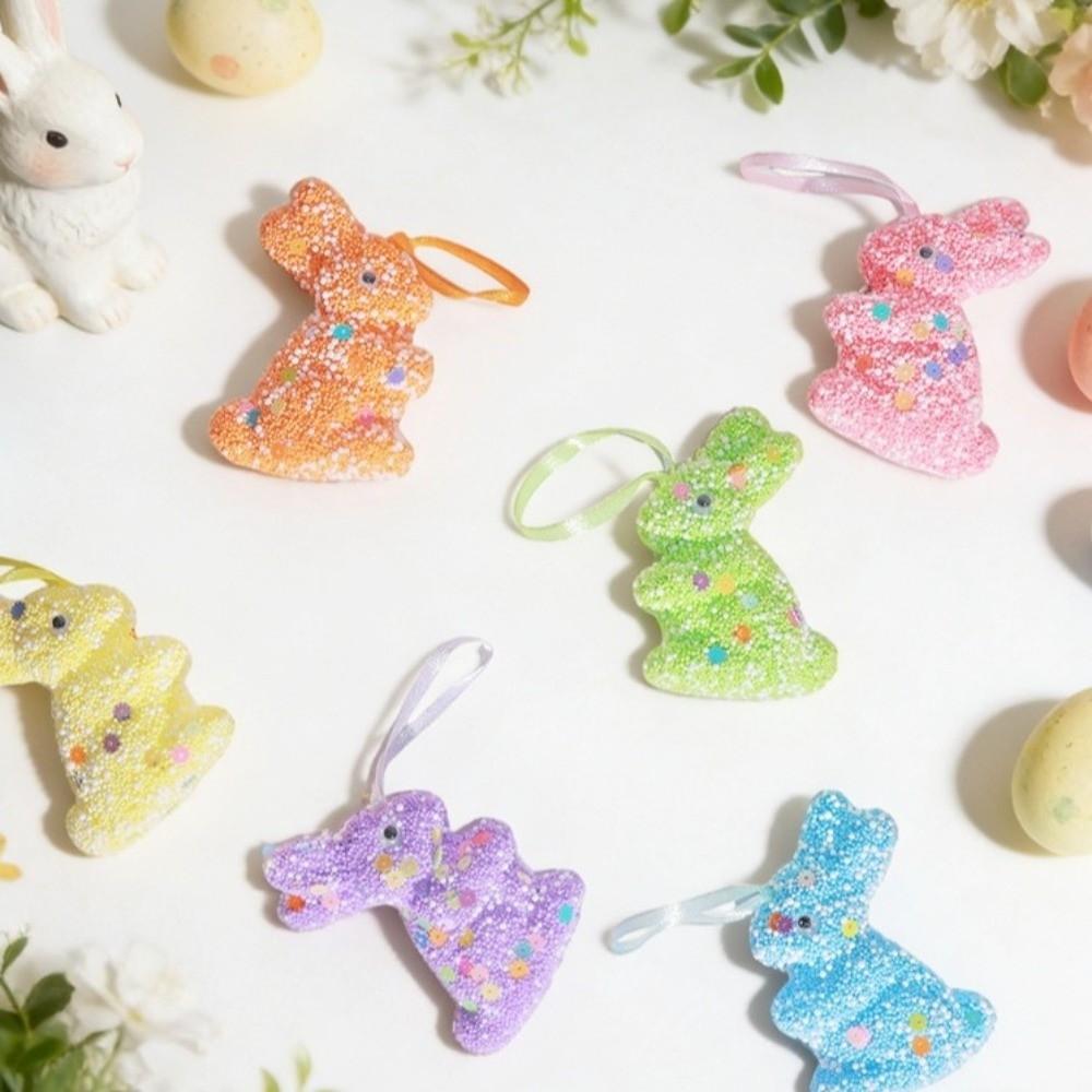 6Pcs Colorful Sequin Bunny Ornament Animal Mold Easter Tree Pendants Rabbit Figurine  Spring Party