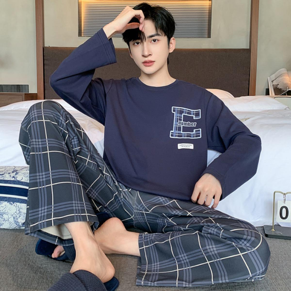 

Піжама Весна та Осінь Чоловіча Нова З Довгим Рукавом Вихідний Домашній Одяг Простий та Повсякденний Великий Комплект XL-2XL