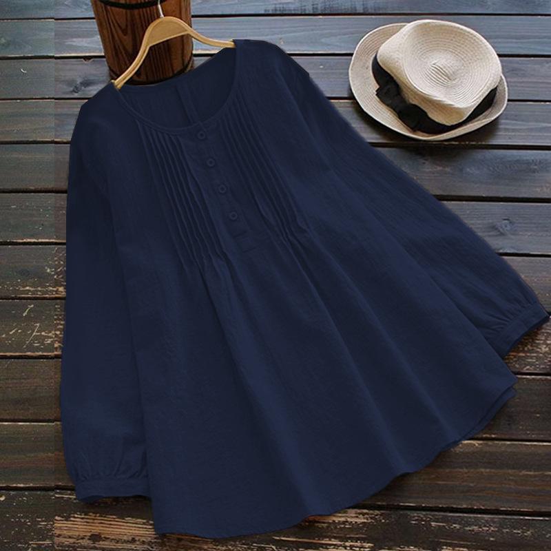 Plus Size Cotton Linen Long Sleeve Top - Round Neck, Loose Fit, Flaw-Covering Design 4XL темно-синий