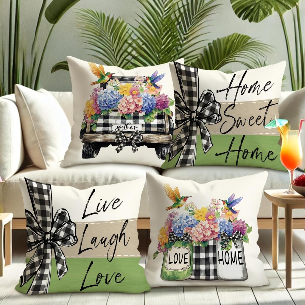 Charmante Kissenhülle im Landhausstil: Retro-LKW, Bunte Blumen und Warme Wohnmöbel, Sofakissen- und Stuhlkissenbezug