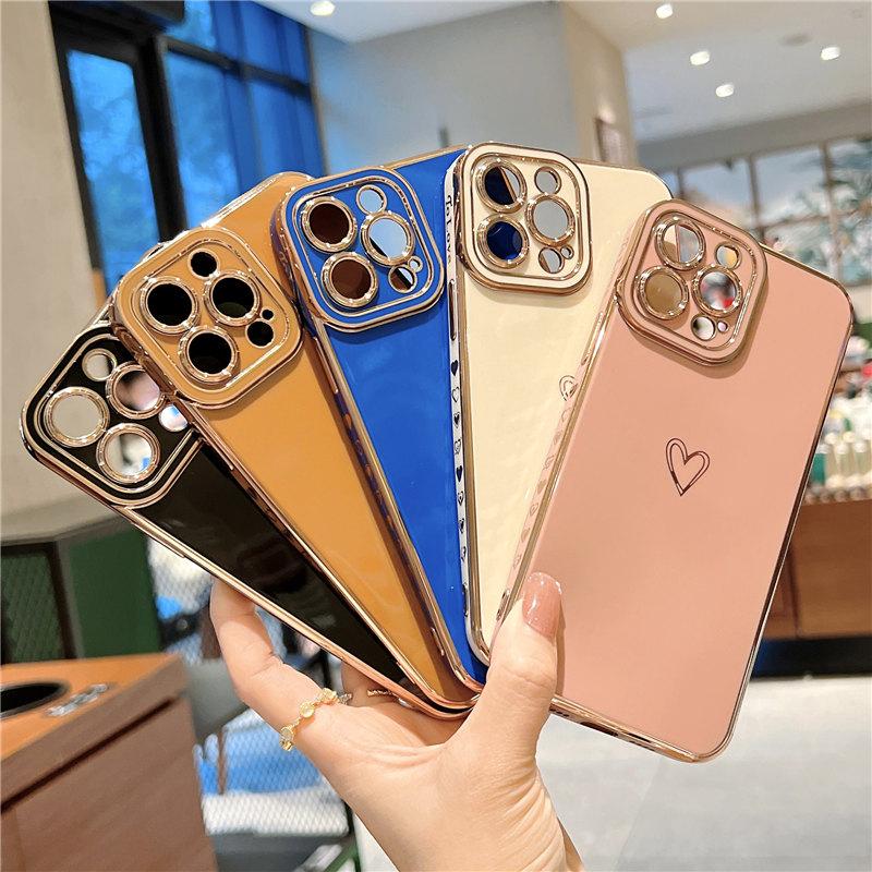 Funda Suave Electrochapada con Corazón de Amor para iPhone 13 Pro Max 12 11 Xs Max X Xr 7 8 Plus 12 Pro Cubierta Electrochapada con Protección para la Cámara